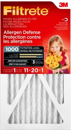 3M FILTRETE ALLERGEN DEFENSE MICRO ALLERGEN FILTER, MICROPARTICLE PERFORMANCE RATING 1000, 11 IN X 20 IN X 1 IN