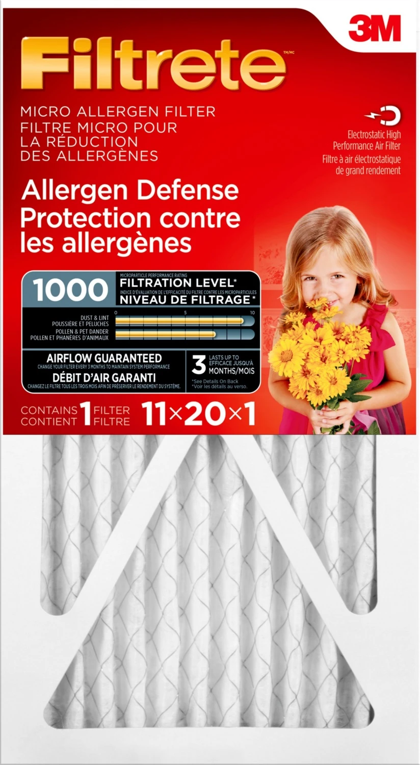 3M FILTRETE ALLERGEN DEFENSE MICRO ALLERGEN FILTER, MICROPARTICLE PERFORMANCE RATING 1000, 11 IN X 20 IN X 1 IN 3 3M FILTRETE ALLERGEN DEFENSE MICRO ALLERGEN FILTER, MICROPARTICLE PERFORMANCE RATING 1000, 11 IN X 20 IN X 1 IN