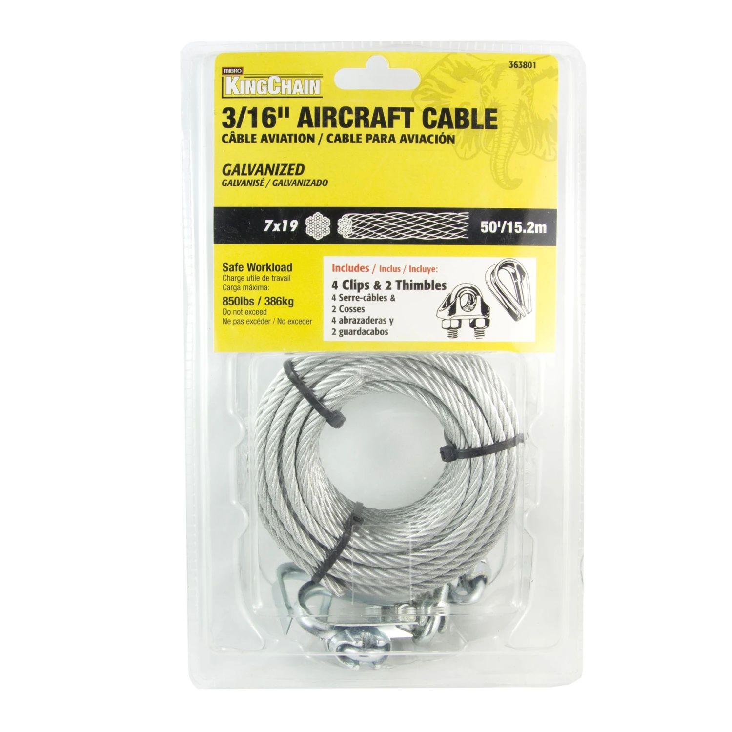 Aircraft Cable 3/16" X 50', 7 X 19 PKG - GALVANIZED 3 Aircraft Cable 3/16" X 50', 7 X 19 PKG - GALVANIZED