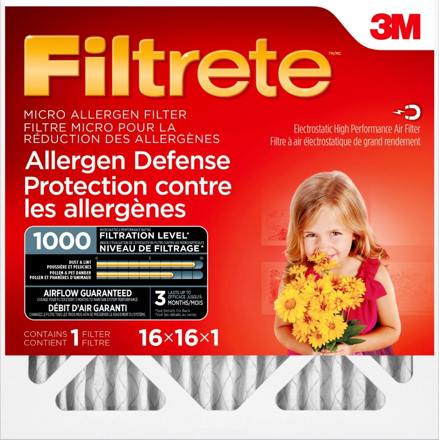 3M FILTRETE ALLERGEN DEFENSE MICRO ALLERGEN FILTER, MICROPARTICLE PERFORMANCE RATING 1000, 16 In X 16 In X 1 In 3 3M FILTRETE ALLERGEN DEFENSE MICRO ALLERGEN FILTER, MICROPARTICLE PERFORMANCE RATING 1000, 16 In X 16 In X 1 In