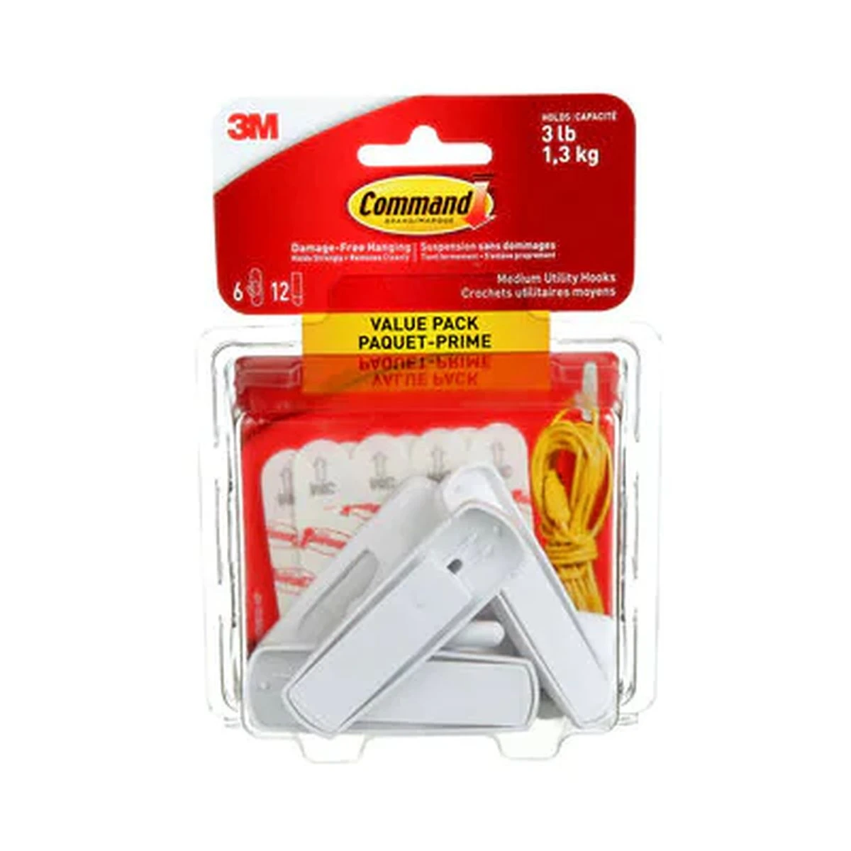 3M Command™ Utility Hooks 17001C-VP, Medium, White, 3 Lb (1.4 Kg), 6 Hooks, 12 Strips, Value Pack 3 3M Command™ Utility Hooks 17001C-VP, Medium, White, 3 Lb (1.4 Kg), 6 Hooks, 12 Strips, Value Pack