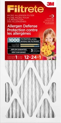 3M FILTRETE ALLERGEN DEFENSE MICRO ALLERGEN FILTER, MICROPARTICLE PERFORMANCE RATING 1000, 12 IN X 24 IN X 1 IN