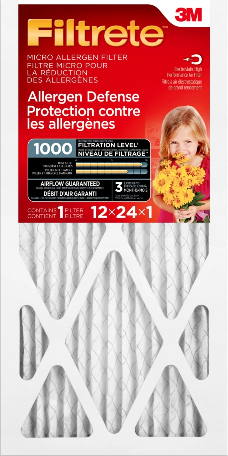 3M FILTRETE ALLERGEN DEFENSE MICRO ALLERGEN FILTER, MICROPARTICLE PERFORMANCE RATING 1000, 12 IN X 24 IN X 1 IN 3 3M FILTRETE ALLERGEN DEFENSE MICRO ALLERGEN FILTER, MICROPARTICLE PERFORMANCE RATING 1000, 12 IN X 24 IN X 1 IN